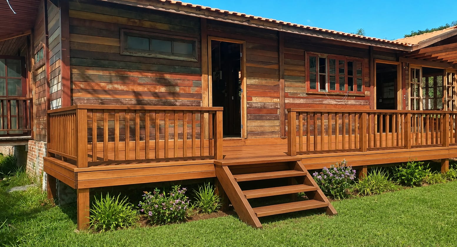 Casa de madeira com varanda restaurada pela Recasa
